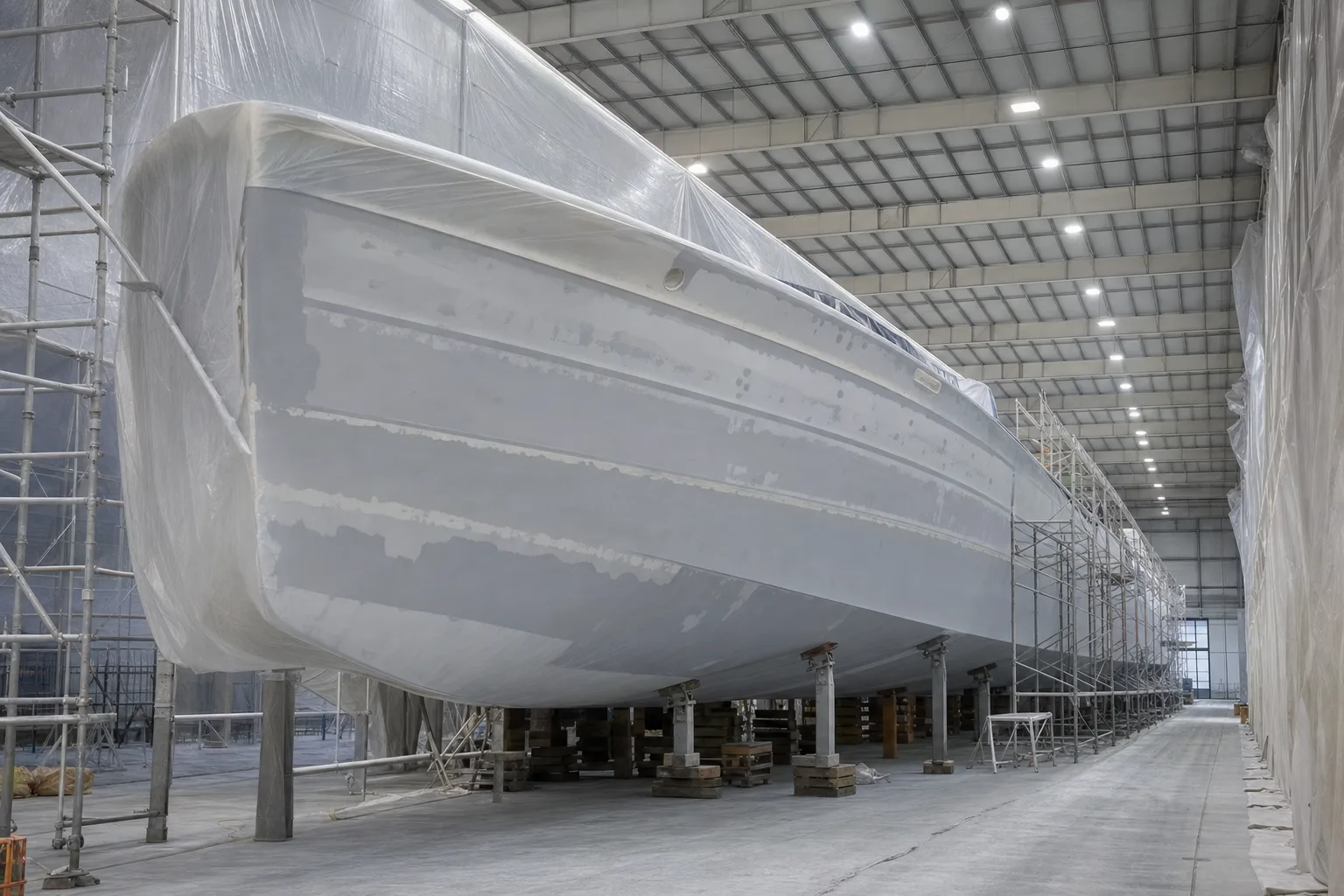 A yacht hull in primer under tenting inside a paint shed